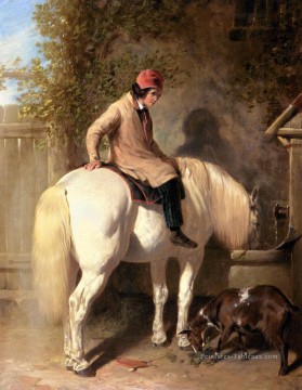 John Frederick Herring Sr œuvres - Rafraîchissement Un garçon arrosant son hareng poney gris Snr John Frederick Cheval